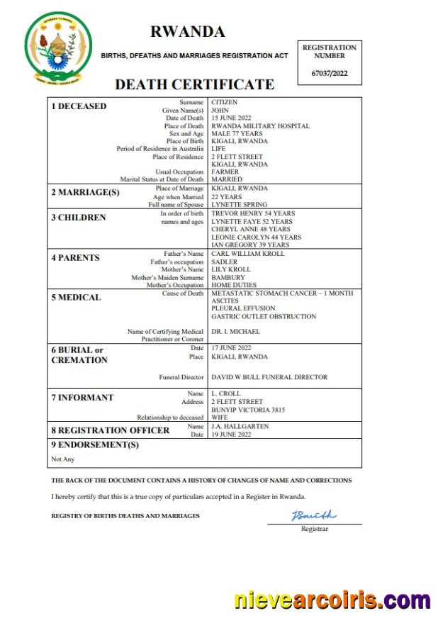Rwanda vital record death certificate
